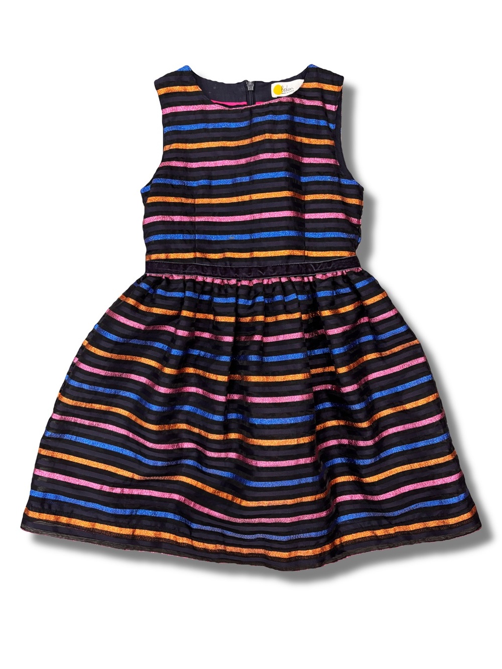 Boden Girls 6-7Y Fit & Flare Lurex Striped Dress Glitter Zip Lined Holiday